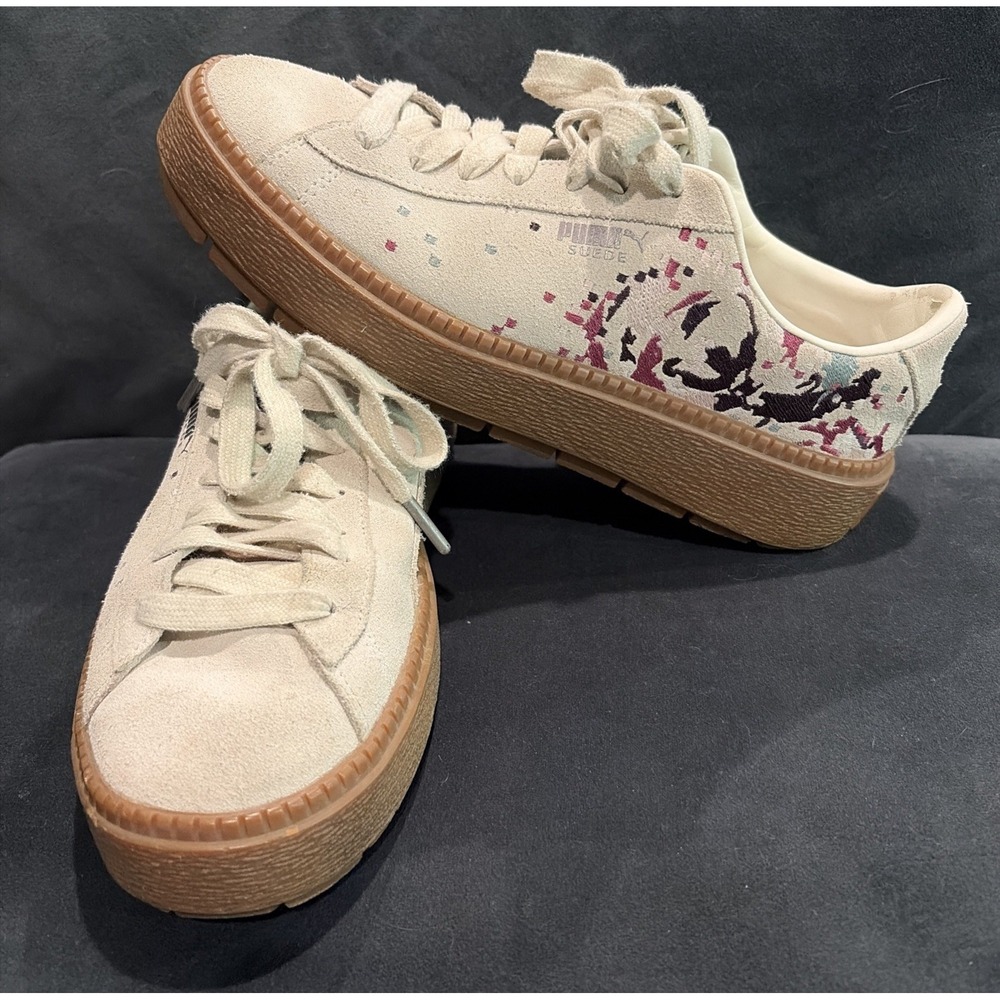 Puma Platform Trace Beige Suede Sneakers Purple/Pink Embroidery Accents Sz 9M